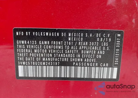 2019 Volkswagen Jetta 1.4T R-Line/1.4T S/1.4T Se from USA, damaged, VIN 3VWC57BU2KM243197